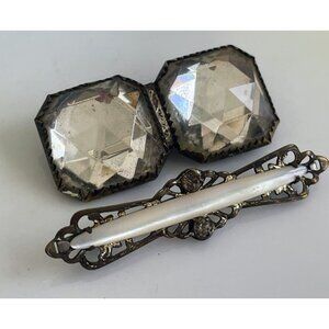 Antique Victorian Brooch pair Glass Bar Pin Pearl Shell